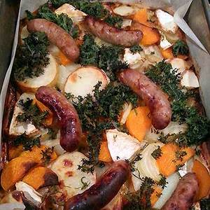 Cheap dinner recipes: sausages with roasted vegetables and crispy kale recipe - Food and UK recipes to trust - allaboutyou.com