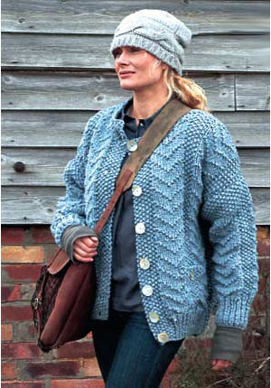 woman wearing a knitted chevron pattern cardigan